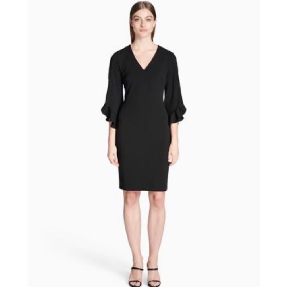 Calvin Klein V-NECK LACE RUFFLE SLEEVE SHEATH DRESS